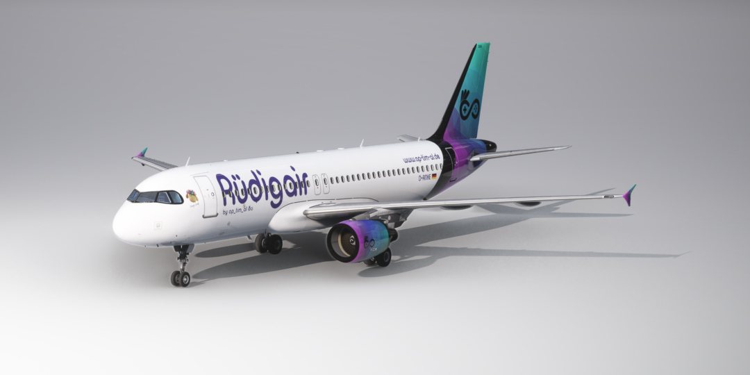 Rüdigair-Airbus A320 D-ANKE mit violettem Schriftzug und türkis-violettem Leitwerk